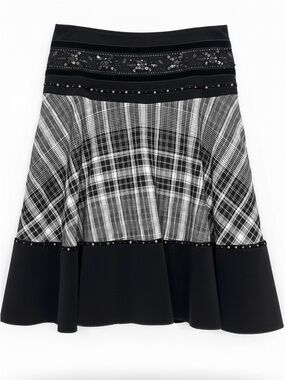 Black Plaid A-Line Skirt with Embellished Waistband